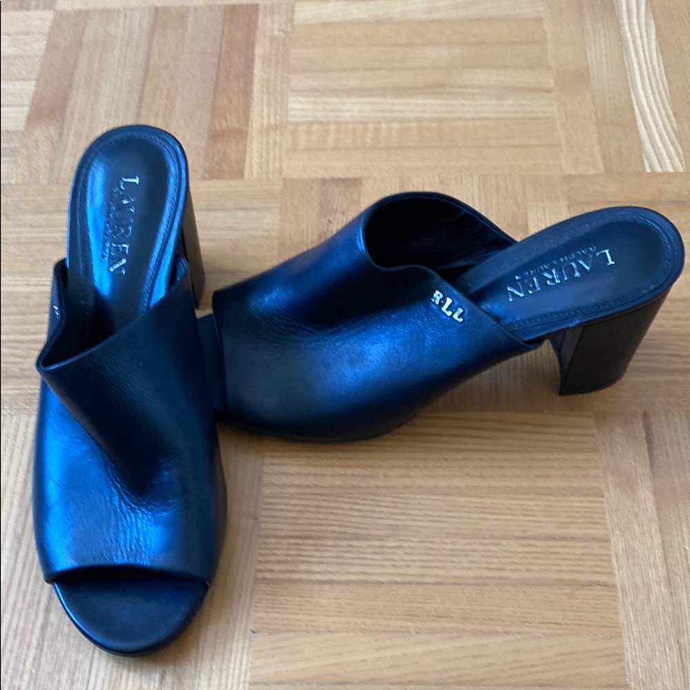 Pre owned Ralph Lauren Harlowe Black Leather Heels Slides Sandals Shoes sz 8.5